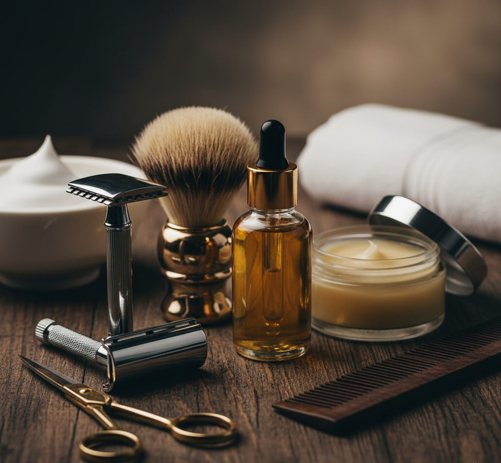 Kit de lujo para el cuidado de la barba y afeitado clásico masculino.